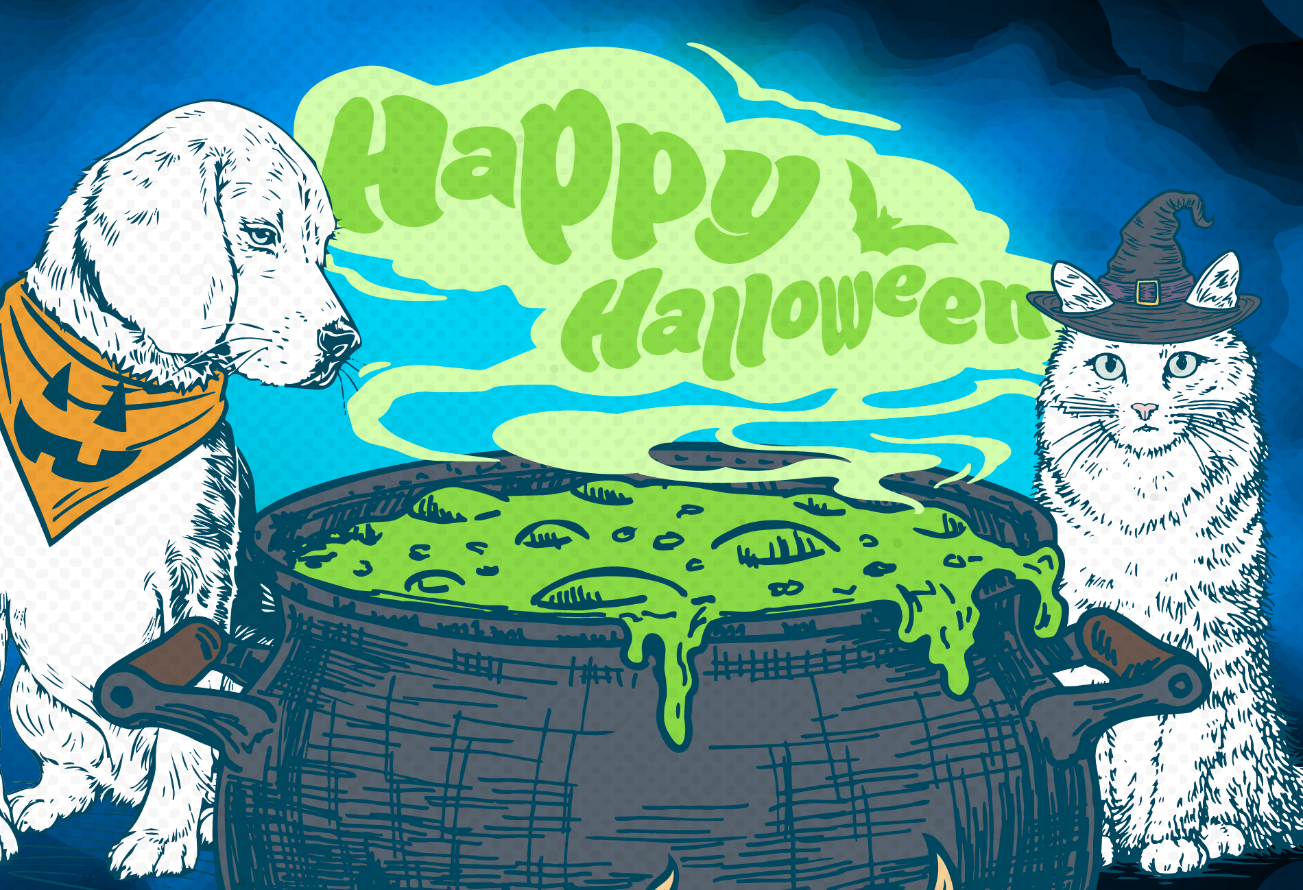 illustration of cat in pumpkin bandana and cat in witch hat next to cauldron "Happy Halloween"
